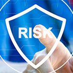 A medical professional with a digital overlay of health icons and the word 'risk'.